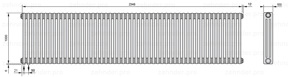 Схема (чертеж) Радиатор Zehnder Charleston 3100/51 №3370 Белый глянцевый RAL 9016